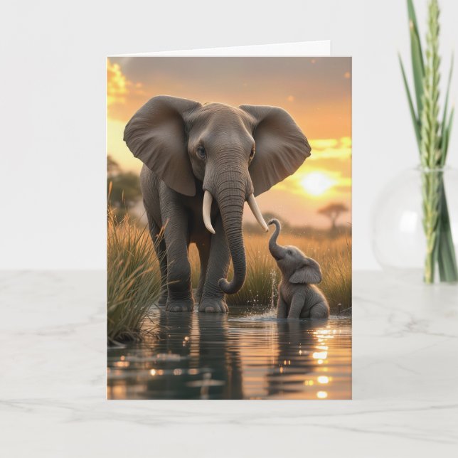 Tarjeta Cumpleaños de mamá elefante con bebé (Anverso)