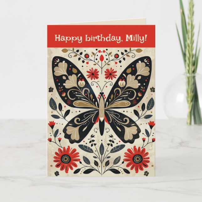 Tarjeta Cumpleaños de Mariposa de Arte Folclórico Editable (Anverso)