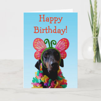 Tarjeta cumpleaños de mariposa de perro de Doberman