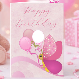 Tarjeta Cumpleaños de Mariposa de Tonos de Rosa con Globos