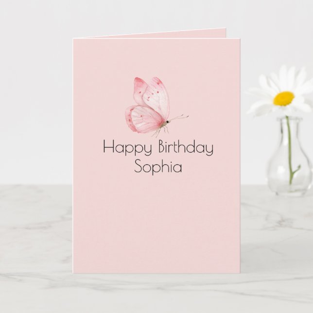 Tarjeta Cumpleaños de Mariposa Rosa (Planta pequeña)