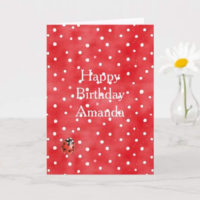 Tarjeta Cumpleaños de mariquita roja con puntos blancos (Planta pequeña)