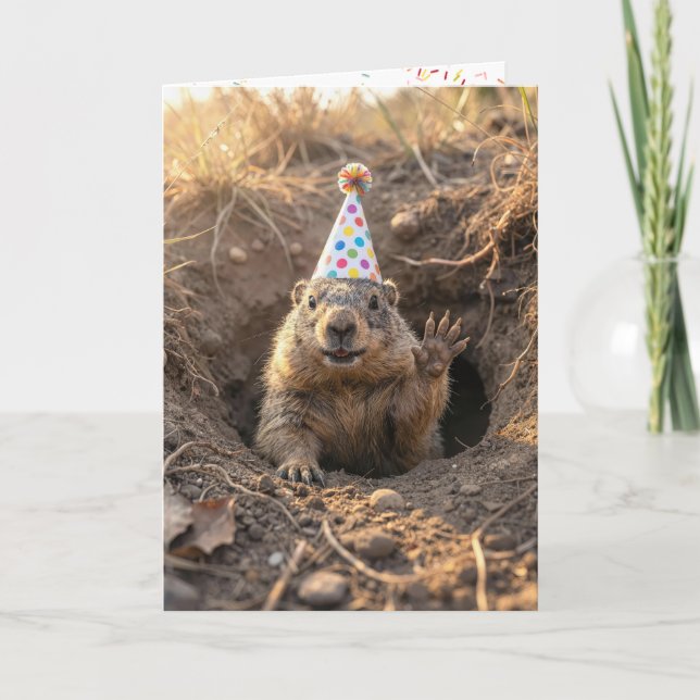 Tarjeta Cumpleaños de marmota con sombrero de fiesta (Anverso)