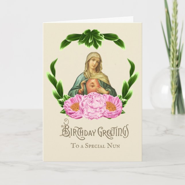 Tarjeta Cumpleaños de Monja Católica Virgen María Religios (Anverso)