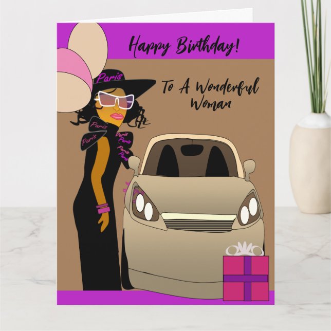 Tarjeta Cumpleaños de mujer afroamericana elegante (Anverso)