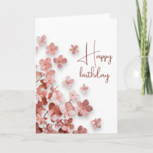 Tarjeta Cumpleaños de mujer con flores de purpurina rosa