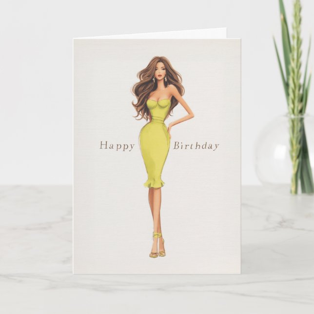 Tarjeta Cumpleaños de mujer morena Chic Glam con vestido a (Anverso)