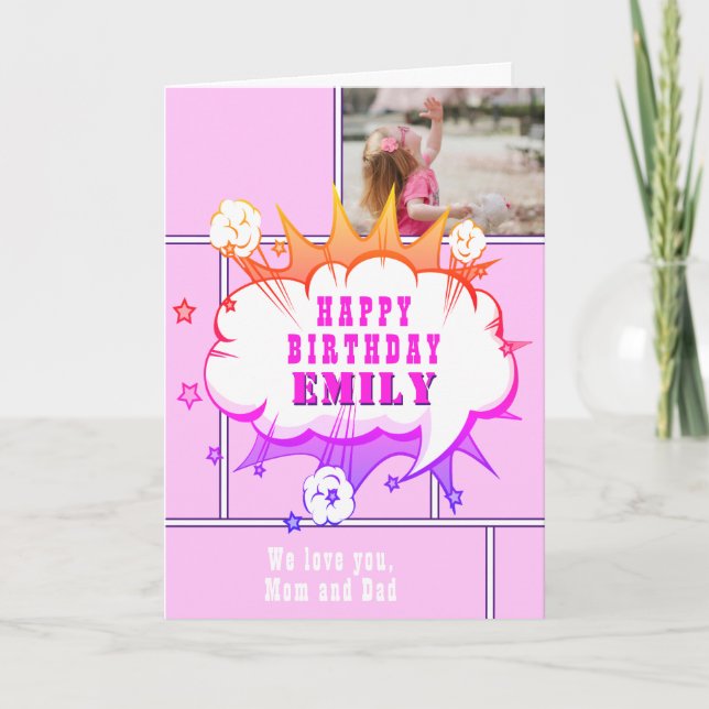Tarjeta Cumpleaños de niña con burbuja de diálogo de cómic (Anverso)