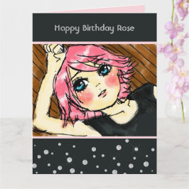 Tarjeta Cumpleaños de niña con cabello rosa y diamantes fa