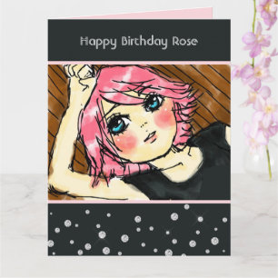 Tarjeta Cumpleaños de niña con cabello rosa y diamantes fa
