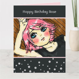 Tarjeta Cumpleaños de niña con cabello rosa y diamantes fa