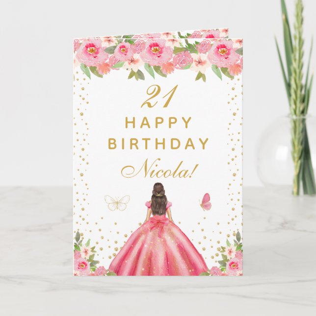 Tarjeta Cumpleaños de niña de pelo castaño con flores rosa (Anverso)