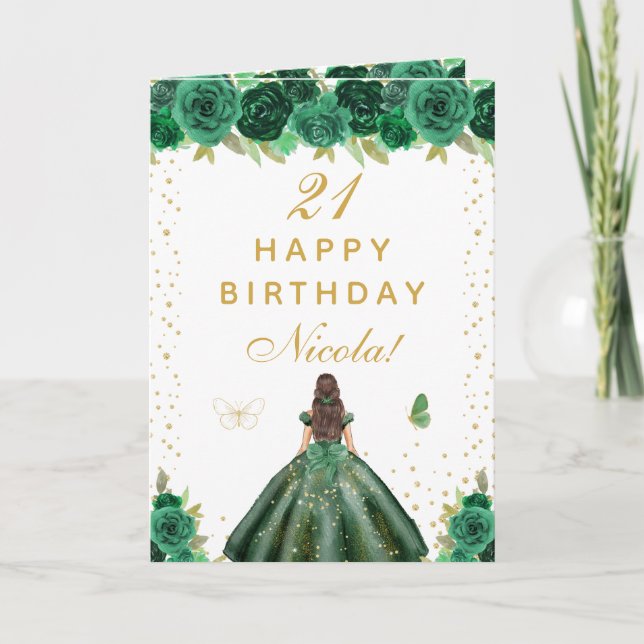 Tarjeta Cumpleaños de niña de pelo castaño con flores verd (Anverso)