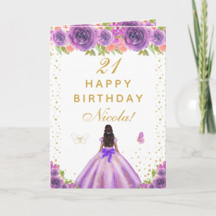 Tarjeta Cumpleaños de niña de piel oscura con flores púrpu