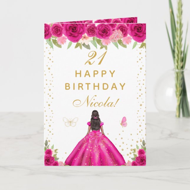 Tarjeta Cumpleaños de niña de piel oscura con flores rosa  (Anverso)