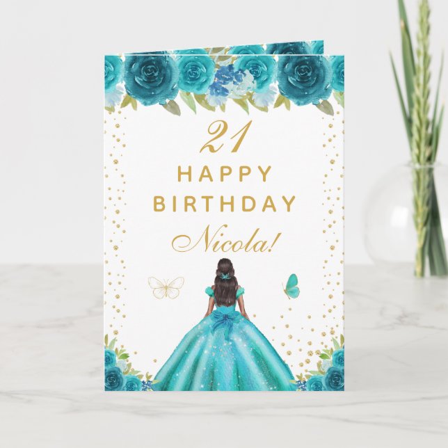 Tarjeta Cumpleaños de niña de piel oscura con flores teal (Anverso)