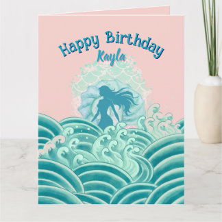 Tarjeta Cumpleaños de niña de sirena rosa verde azulado ol