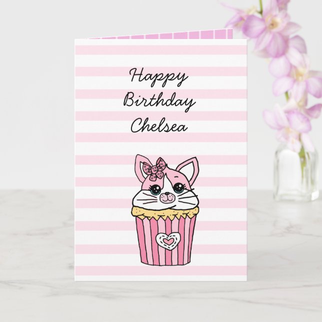 Tarjeta Cumpleaños de niña de taza de Pink Kitten (Orquídea)