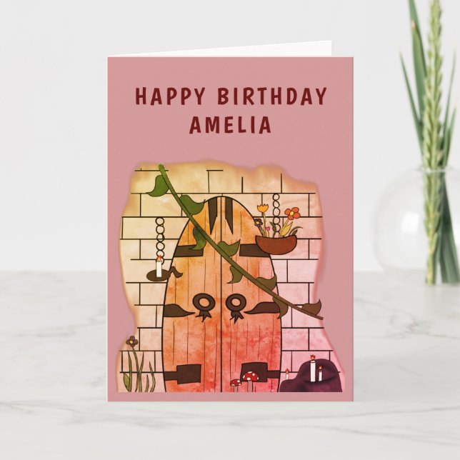 Tarjeta Cumpleaños de niña dibujo cuento de hadas puerta d (Anverso)