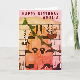 Tarjeta Cumpleaños de niña dibujo de cuento de hadas puert