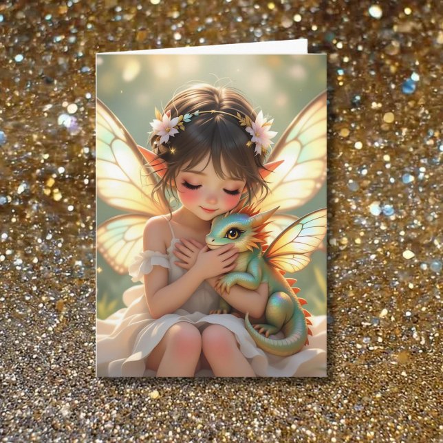 Tarjeta Cumpleaños de niña etérea de hada y dragón (Subido por el creador)