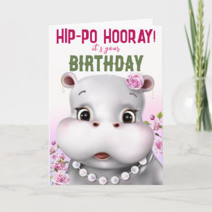 Tarjeta Cumpleaños de niña Hippo Pink Floral