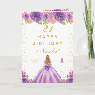 Tarjeta Cumpleaños de niña rubia con flores púrpuras