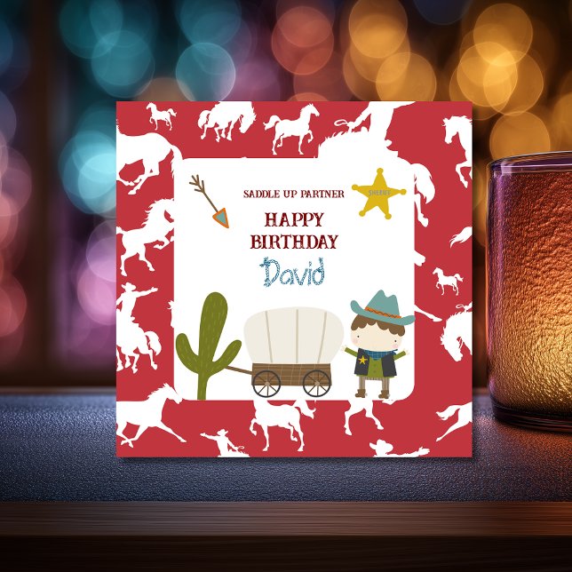 Tarjeta Cumpleaños de niño con caballo rojo lindo vaquero (Subido por el creador)