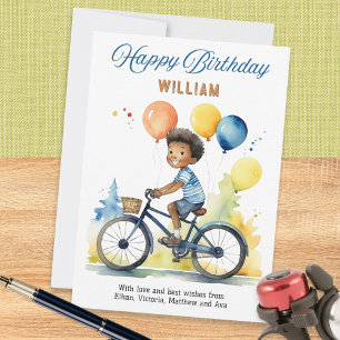 Tarjeta Cumpleaños de Niño en Bicicleta con Globos Colorid