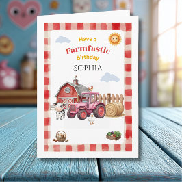 Tarjeta Cumpleaños de niño lindo de granja roja
