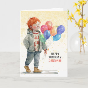 Tarjeta Cumpleaños de Niño Pelirrojo con Nombre y Globos