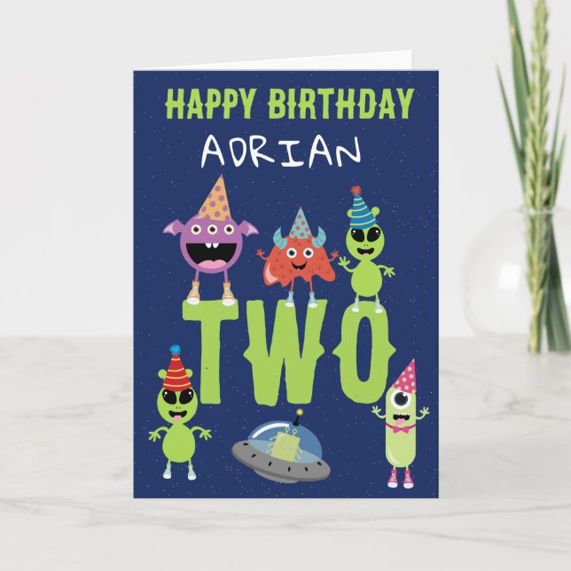 Tarjeta Cumpleaños de niños con monstruo alienígena modern (Anverso)