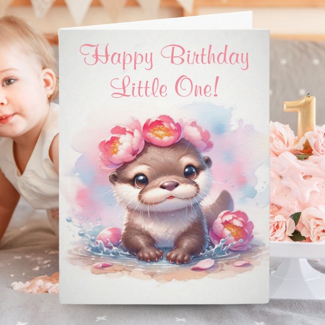 Tarjeta Cumpleaños de nutria con peonías en acuarela (Adorable Otter wearing peonies on her head wishing someone a special Happy Birthday.)