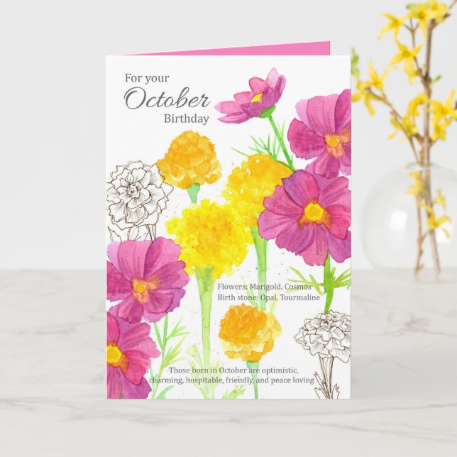 Tarjeta Cumpleaños de Octubre Cosmos Marigold Mes de Nacim (flor amarilla)