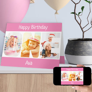 Tarjeta Cumpleaños de ONE Photo Letters Rosa Niñas 1