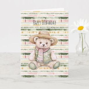 Tarjeta Cumpleaños de Oso de Peluche de Rayas Rosadas Verd