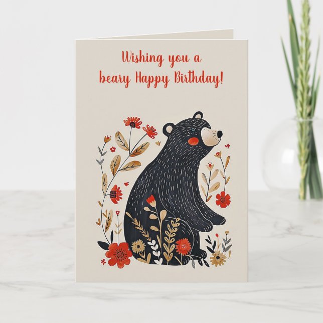 Tarjeta Cumpleaños de Oso Negro de Arte Popular Editable (Anverso)