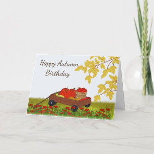 Tarjeta Cumpleaños de otoño, calabazas y manzanas en un va