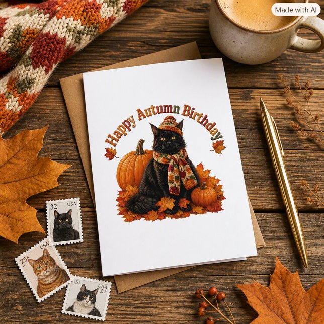 Tarjeta Cumpleaños de Otoño Gato Negro  Acojedor (Subido por el creador)