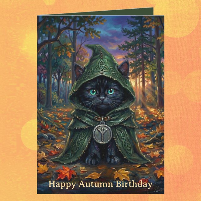 Tarjeta Cumpleaños de Otoño Gato Negro Whimsigoth (Happy Autumn Birthday Cat Lover. Celtic pagan eolhx rune black kitten fall design for birthdays)