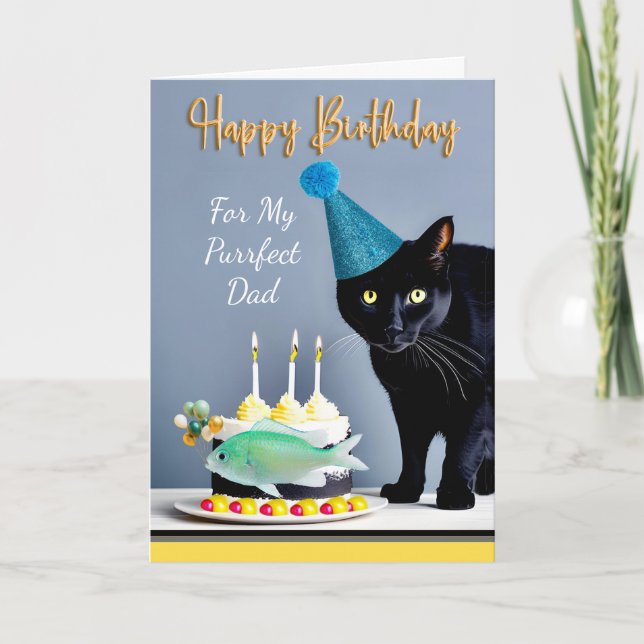 Tarjeta Cumpleaños de papá con gato negro y pastel (Anverso)