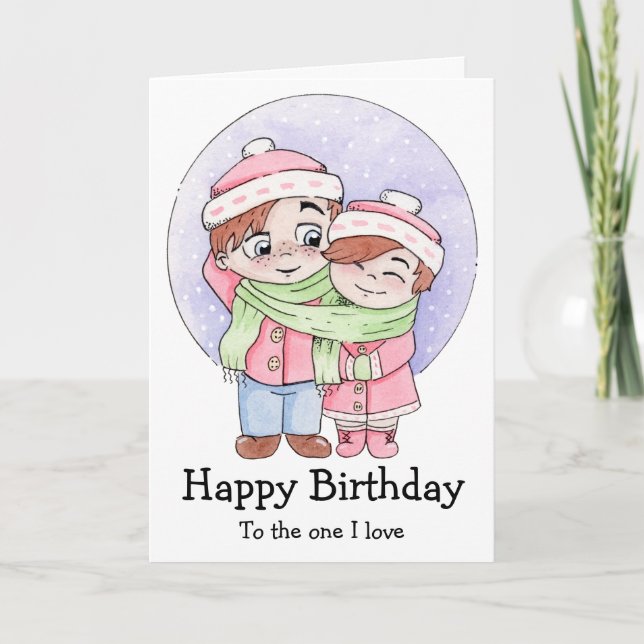 Tarjeta Cumpleaños de pareja compartiendo una bufanda (Anverso)