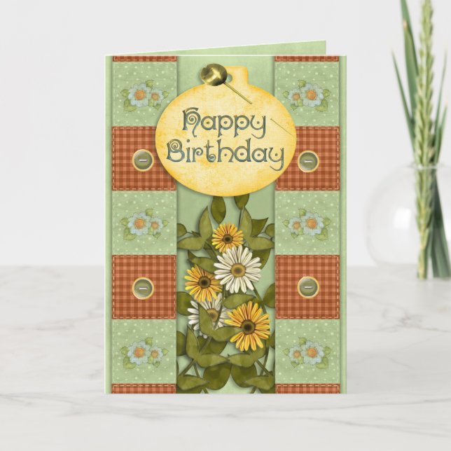 Tarjeta Cumpleaños de Patchwork Floral (Anverso)