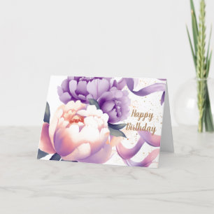 Tarjeta Cumpleaños de Peonía acuarela púrpura y melocotón