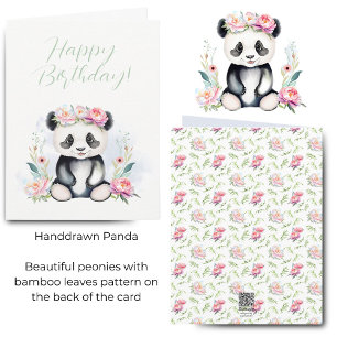Tarjeta Cumpleaños de peonías de cría de panda de acuarela