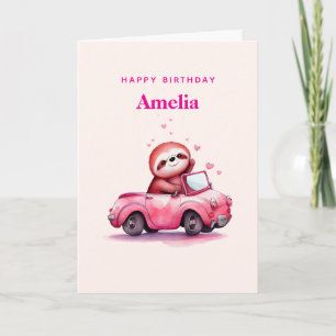 Tarjeta Cumpleaños de perezoso lindo en un convertible ros
