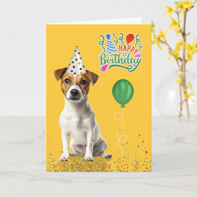 Tarjeta Cumpleaños de perro Jack Russell Sombrero de fiest (flor amarilla)