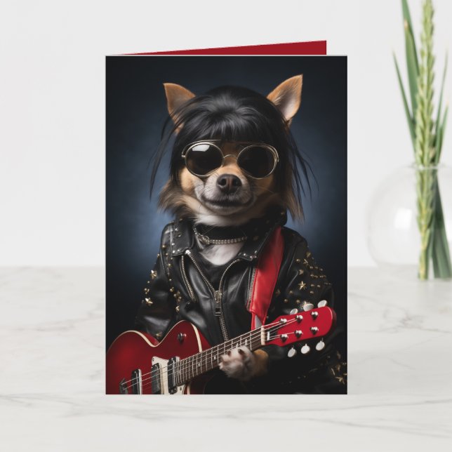 Tarjeta cumpleaños de perro Rockstar, perro gracioso, tema (Anverso)