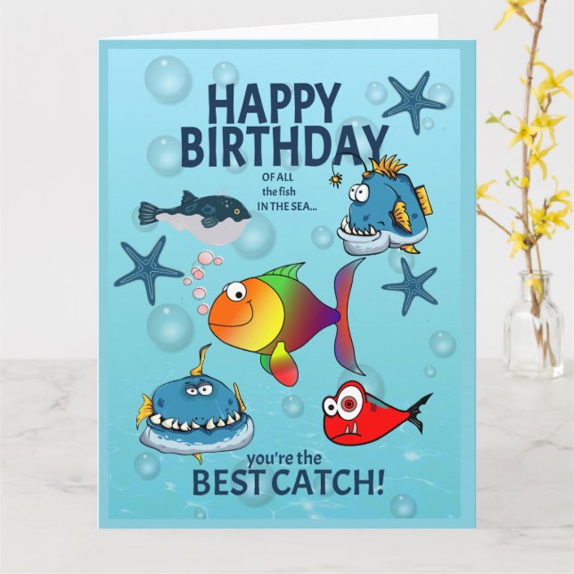 Tarjeta Cumpleaños de pez divertido (flor amarilla)