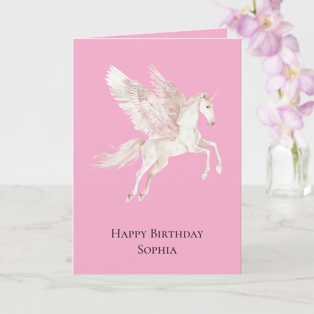 Tarjeta Cumpleaños de Pink Unicorn Pegasus (Orquídea)